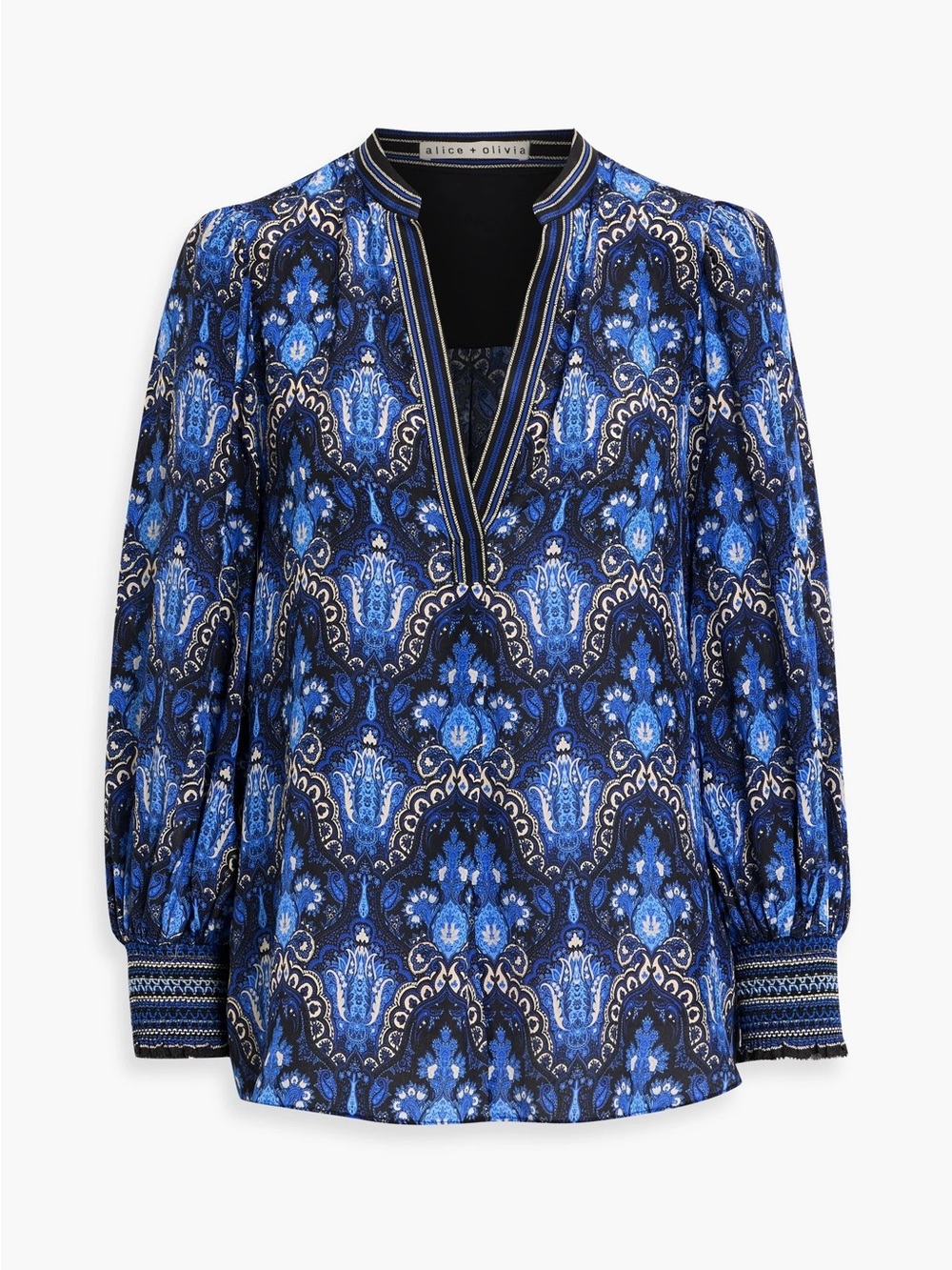 Alice + Olivia Sheila Long Sleeve Silk Top Size Medium Blue Flowy Popover NWT